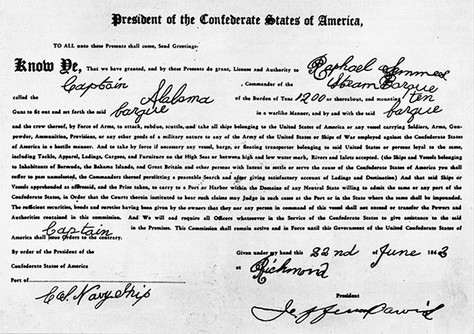 Commission délivrée à Semmes par Jefferson Davis pour commander l'Alabama. (National Archives)