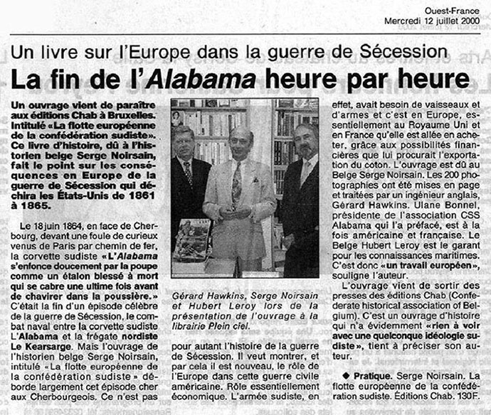 Extraits de la presse de Cherbourg, Ouest-France, mercredi 12 juillet 2000 - Un livre sur l'Europe dans la guerre de Sécession. La fin de l'Alabama heure par heure