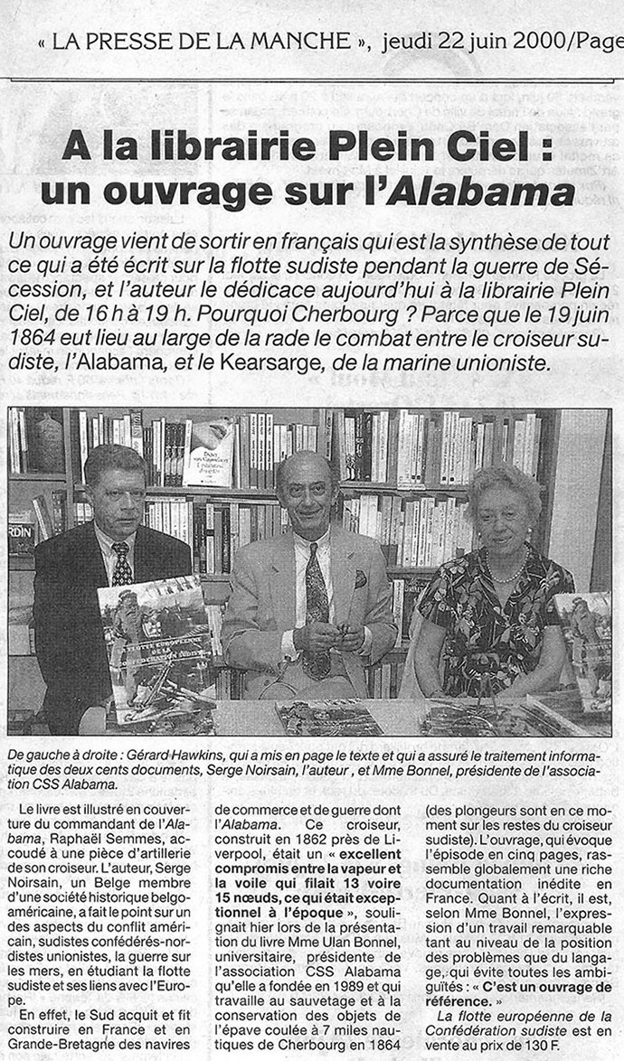Extraits de la presse de Cherbourg, La presse de la Manche, jeudi 22 juin 2000 - A la librairie Plein Ciel : un ouvrage sur l'Alabama
